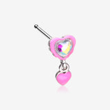 Pink Power Iridescent Puffy Heart Dangle Nose Stud Ring-Pink/Aurora Borealis