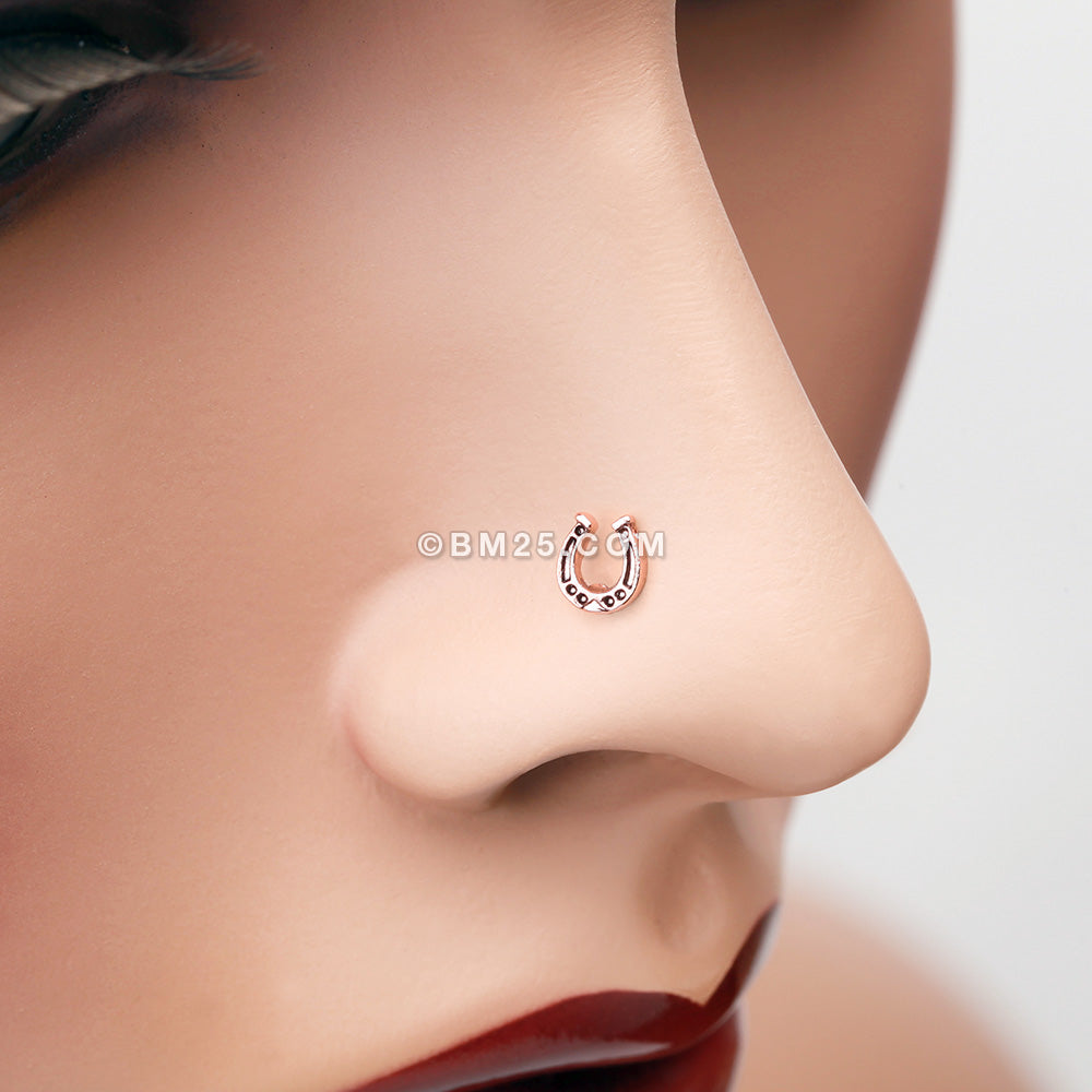 Detail View 1 of Rose Gold Lucky Horseshoe Nose Stud Ring-Rose Gold