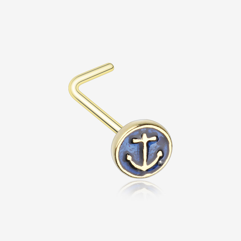 Golden Blue Sailor Anchor L-Shaped Nose Ring-Blue
