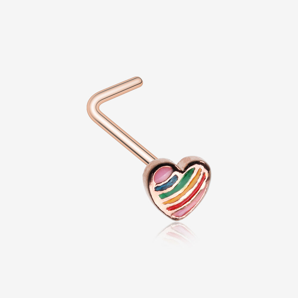 Rose Gold Rainbow Pride Heart L-Shaped Nose Ring - BM25.com