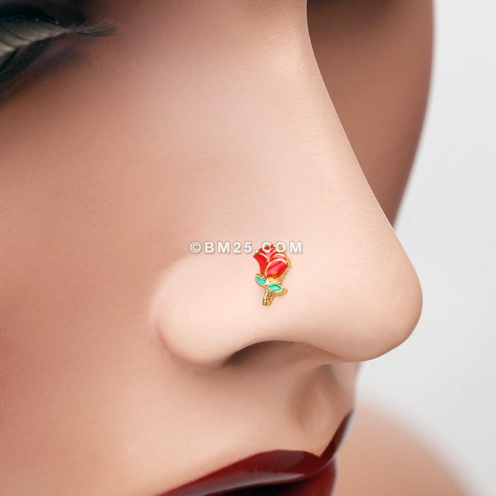Detail View 1 of Golden Vintage Enchanted Stem of Rose L-Shaped Nose Ring-Red/Green