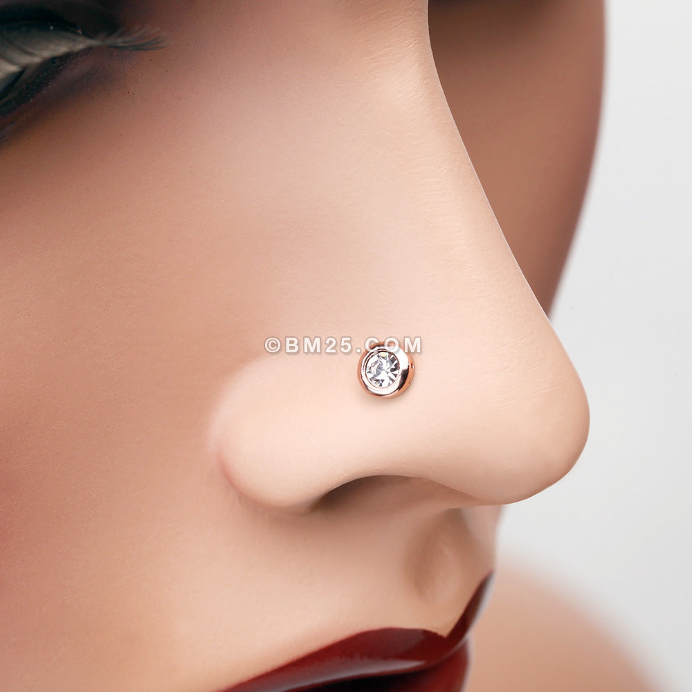 Detail View 1 of Rose Gold Sparkle Bezel Gem L-Shaped Nose Ring-Clear Gem