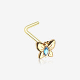 Golden Aqua Butterfly Sparkle L-Shaped Nose Ring-Aqua