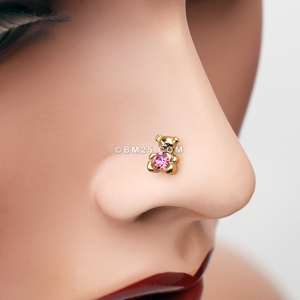 Detail View 1 of Golden Adorable Teddy Bear Sparkle L-Shaped Nose Ring-Pink