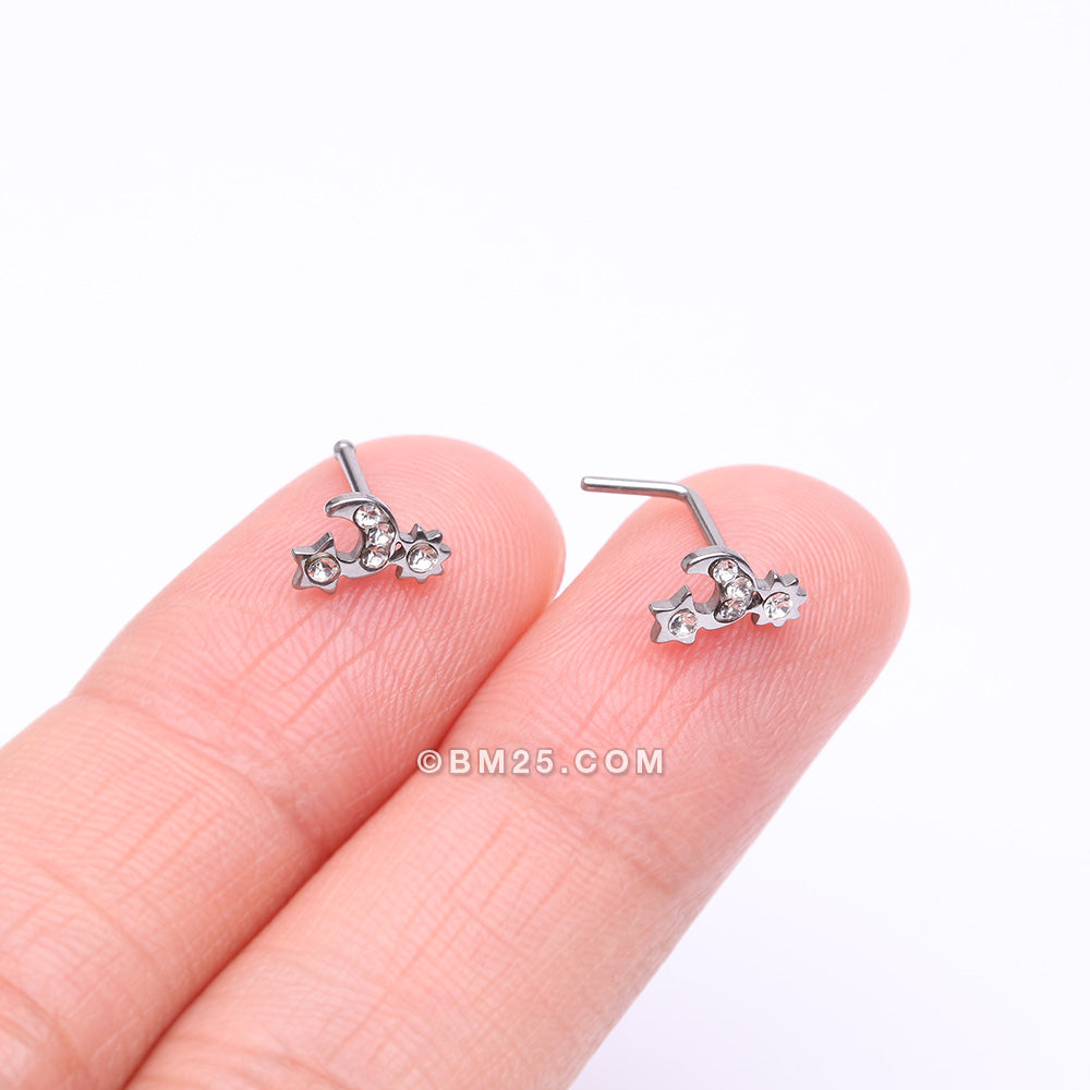 Adorable Celestial Sun Moon Star Sparkle L-Shaped Nose Ring - Clear/White 20 GA (0.8mm), 9/32 (7mm)