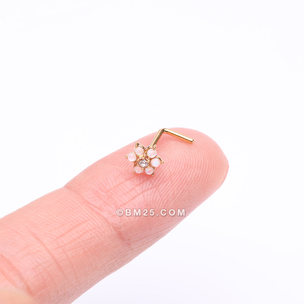 Detail View 2 of Golden Opalescent Spring Flower Sparkle L-Shaped Nose Ring-Clear Gem-Clear Gem/White