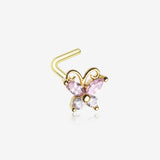 Golden Dainty Butterfly Rose Sparkle Multi-Gem L-Shaped Nose Ring-Pink/Clear Gem