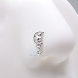 Detail View 1 of Vintage Crescent Moon Face Sparkle Dangle L-Shaped Nose Ring-Clear Gem