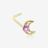 Golden Lacey Crescent Moon Opalescent Sparkle L-Shaped Nose Ring-Clear Gem/Purple
