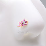 Detail View 1 of Golden Pink Butterfly Flower Sparkle L-Shaped Nose Ring-Clear Gem/Fuchsia