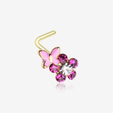 Golden Pink Butterfly Flower Sparkle L-Shaped Nose Ring