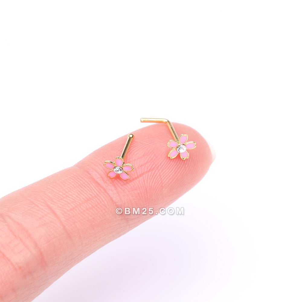 Detail View 2 of Golden Cherry Blossom Flower Sparkle L-Shaped Nose Ring-Clear Gem/Pink