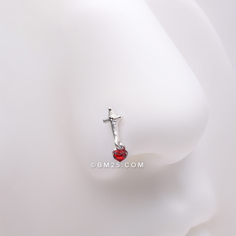 Detail View 1 of Royal Dagger Blood Red Heart Gem Dangle L-Shaped Nose Ring-Hematite/Red