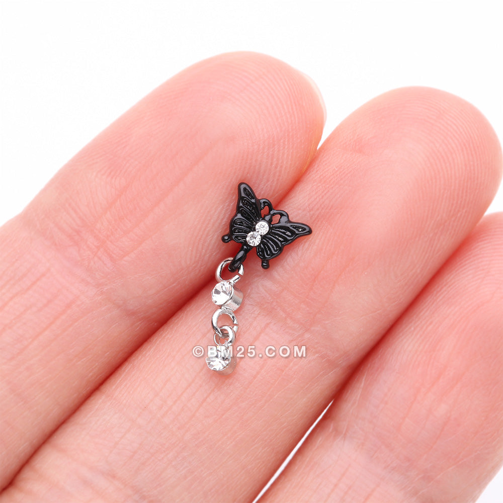 Detail View 2 of Black Noir Victorian Butterfly Dangle Sparkle L-Shaped Nose Ring-Clear Gem