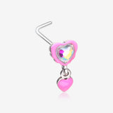 Pink Power Iridescent Puffy Heart Dangle L-Shaped Nose Ring-Pink/Aurora Borealis