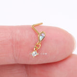 Detail View 2 of Golden Iridescent Sparkle Inverted Teardrop Dangle L-Shaped Nose Ring-Aurora Borealis/Clear Gem