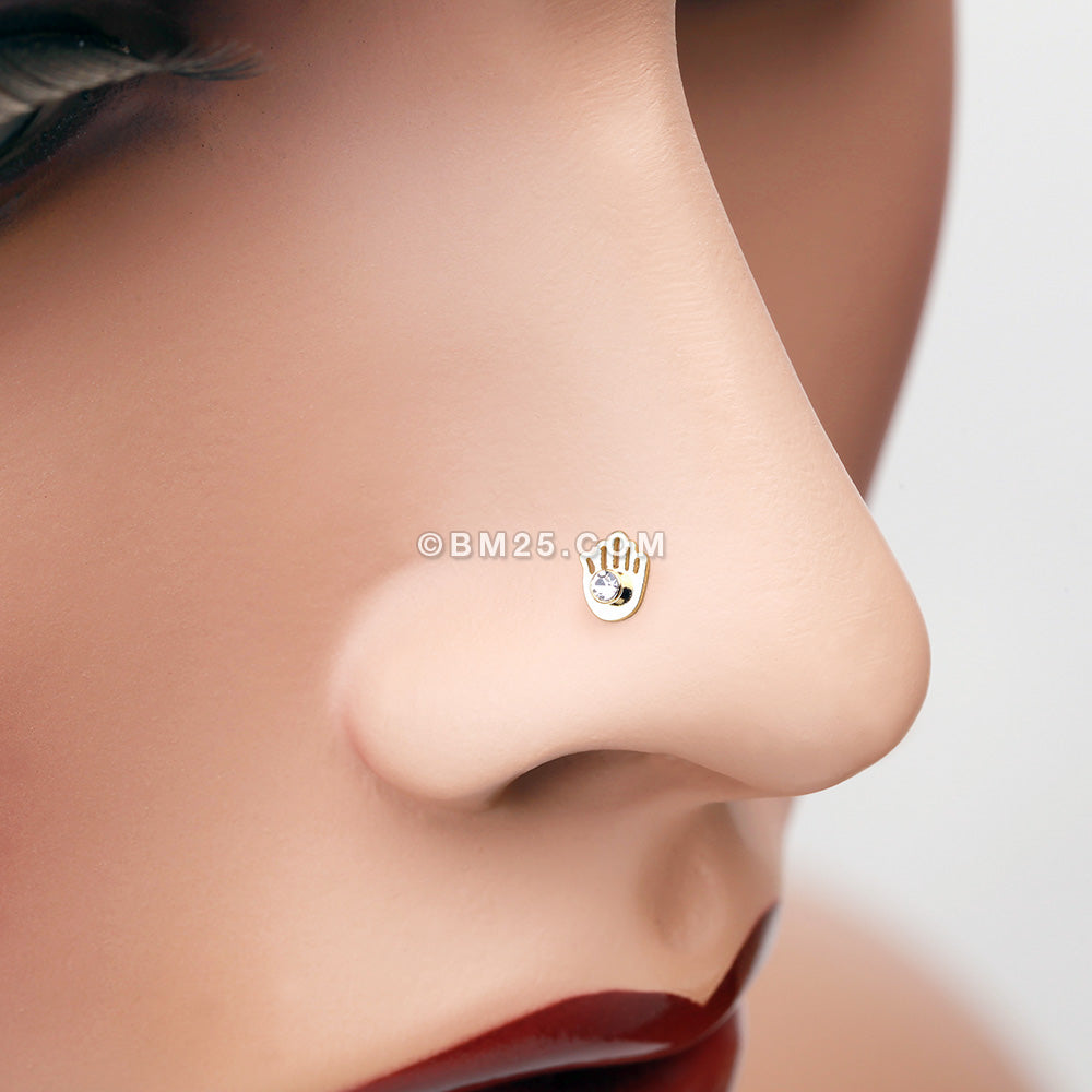 Detail View 1 of Golden Hamsa Sparkle Nose Stud Ring-Clear Gem