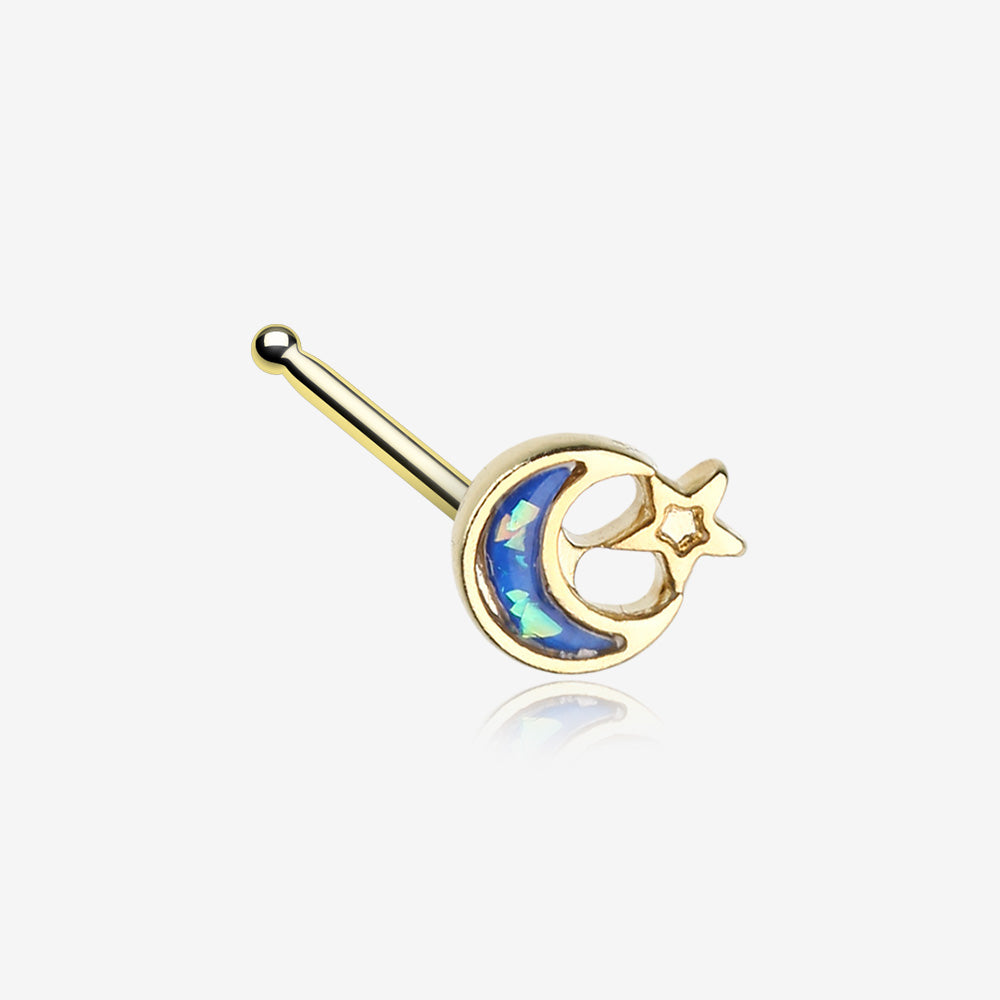 Golden Opal Sparkle Crescent Moon & Star Nose Stud Ring-Blue