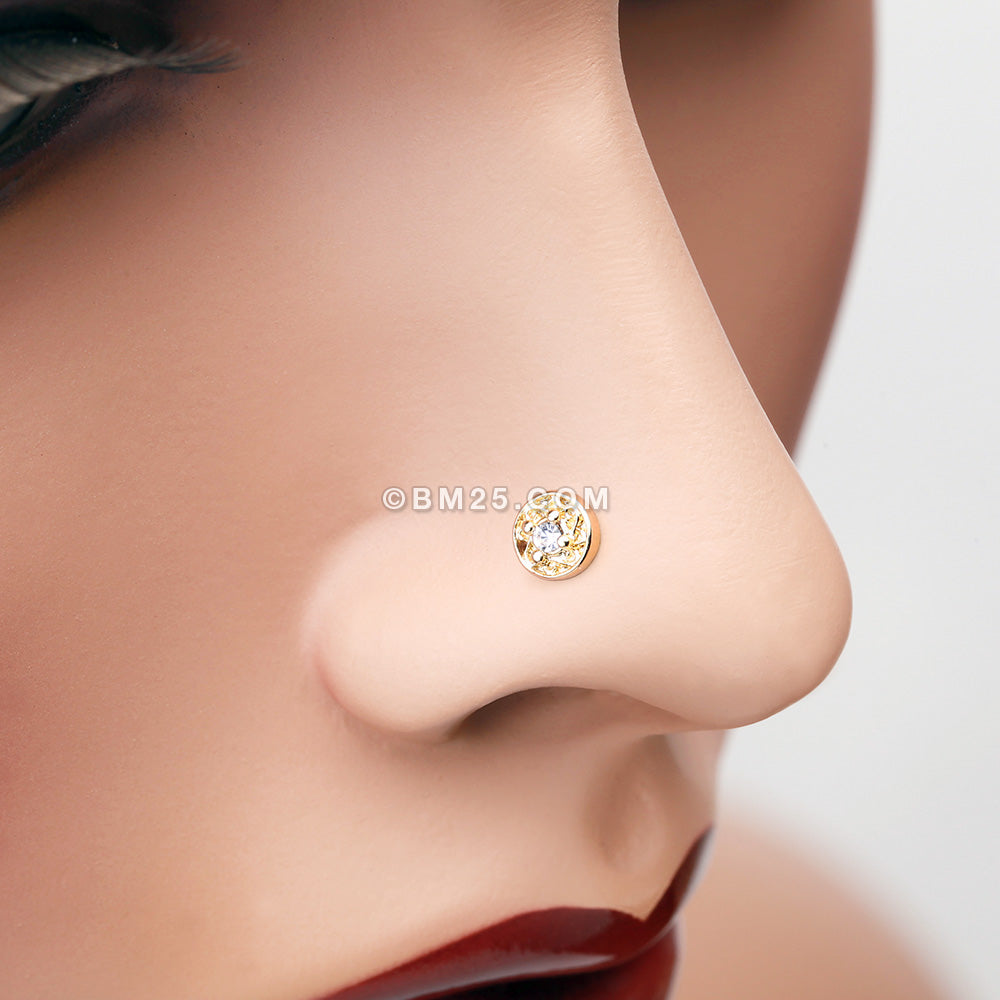 Detail View 1 of Golden Swirlesque Sparkle Gem Nose Stud Ring-Clear Gem