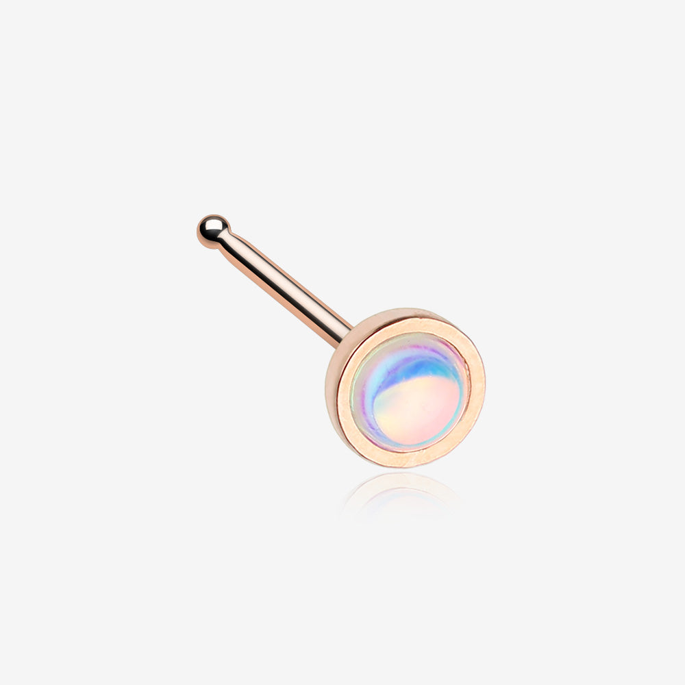 Rose Gold Bezel Set Iridescent Revo Sparkle Nose Stud Ring-Rainbow/Multi-Color