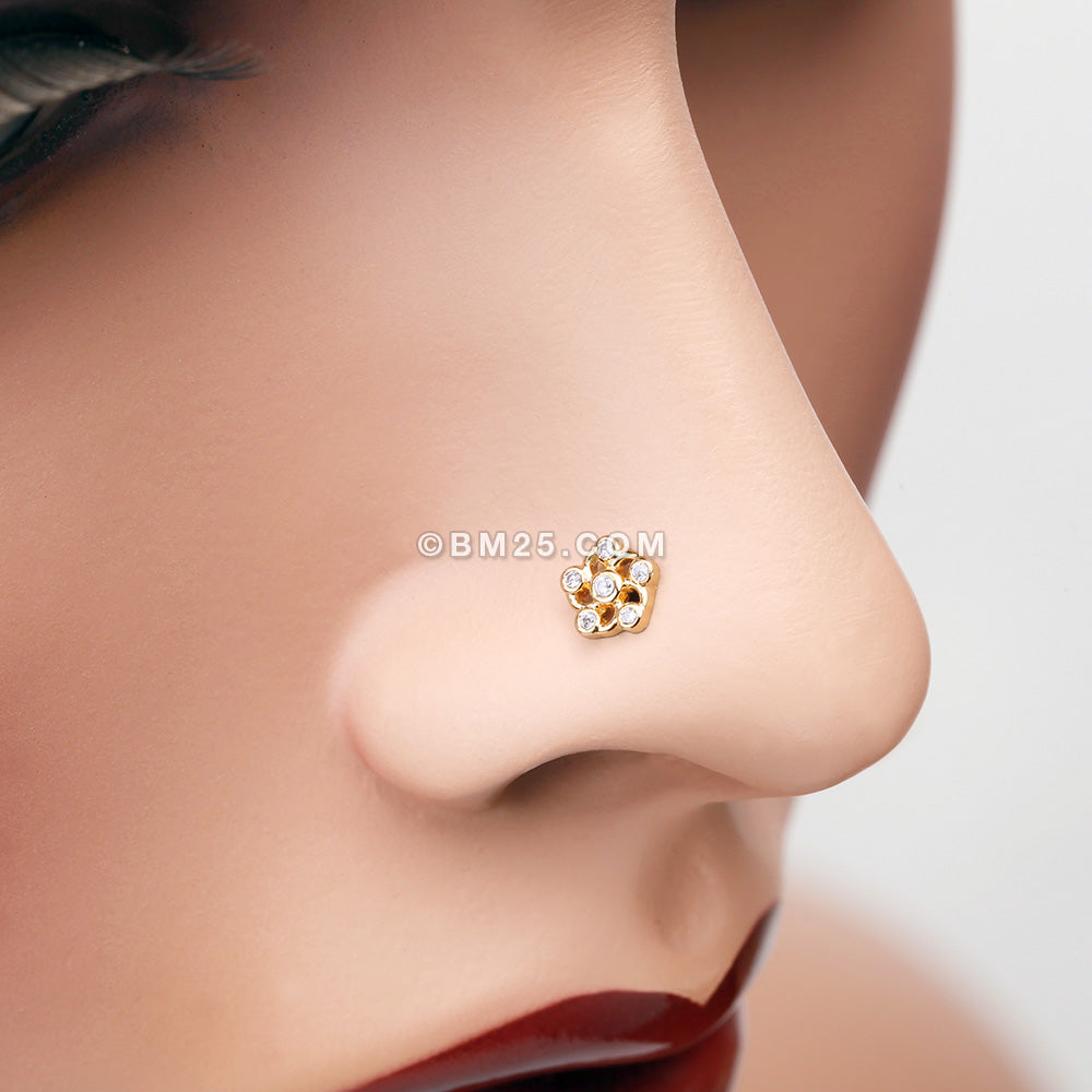 Detail View 1 of Golden Jasmine Flower Sparkle Nose Stud Ring -Clear Gem