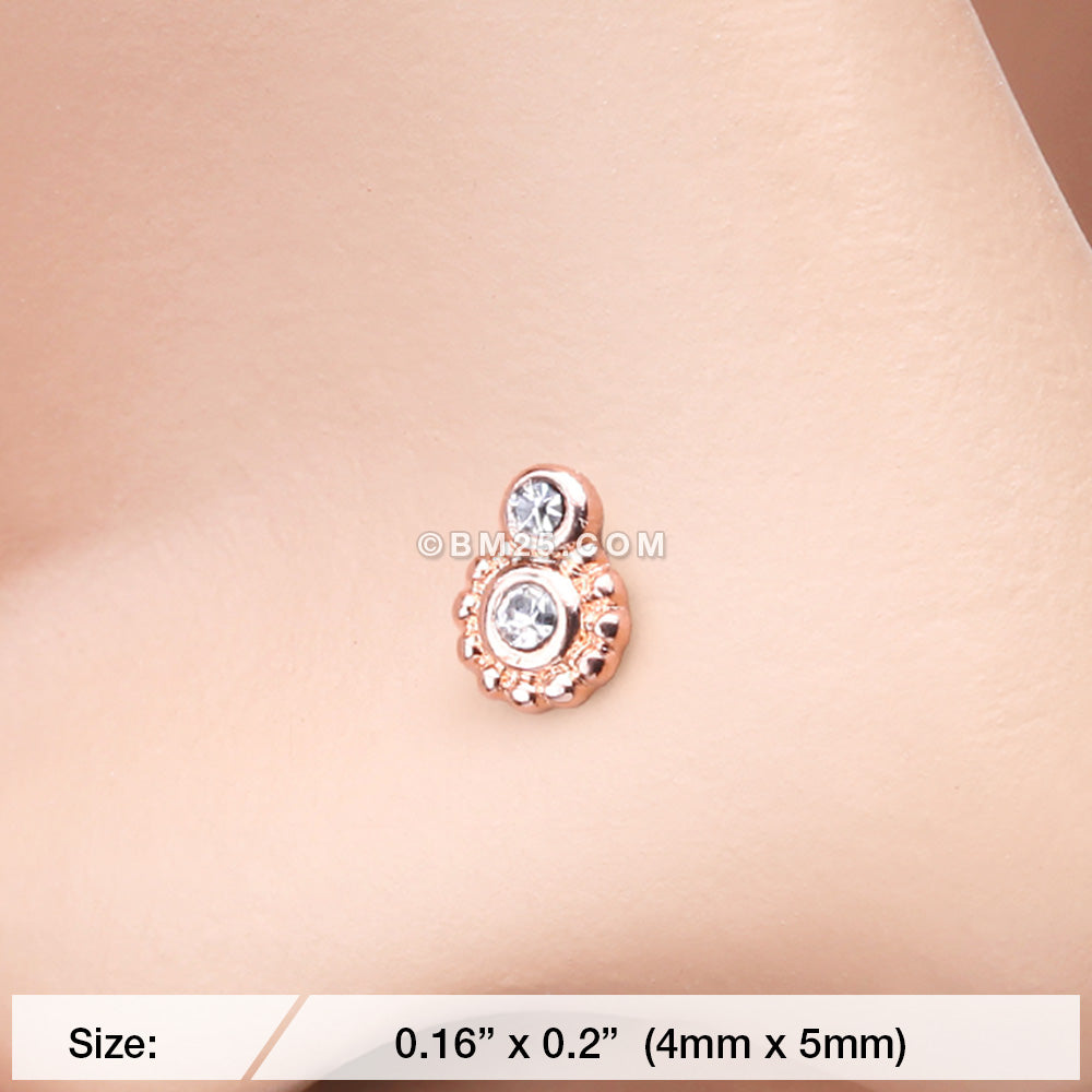Detail View 2 of Rose Gold Steampunk Sparkle Gear Nose Stud Ring-Clear Gem
