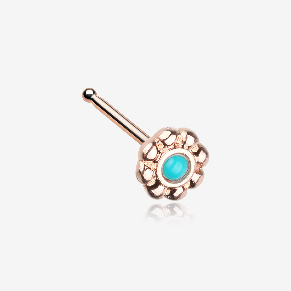 Rose Gold Bali Flower Turquoise Nose Stud Ring-Turquoise