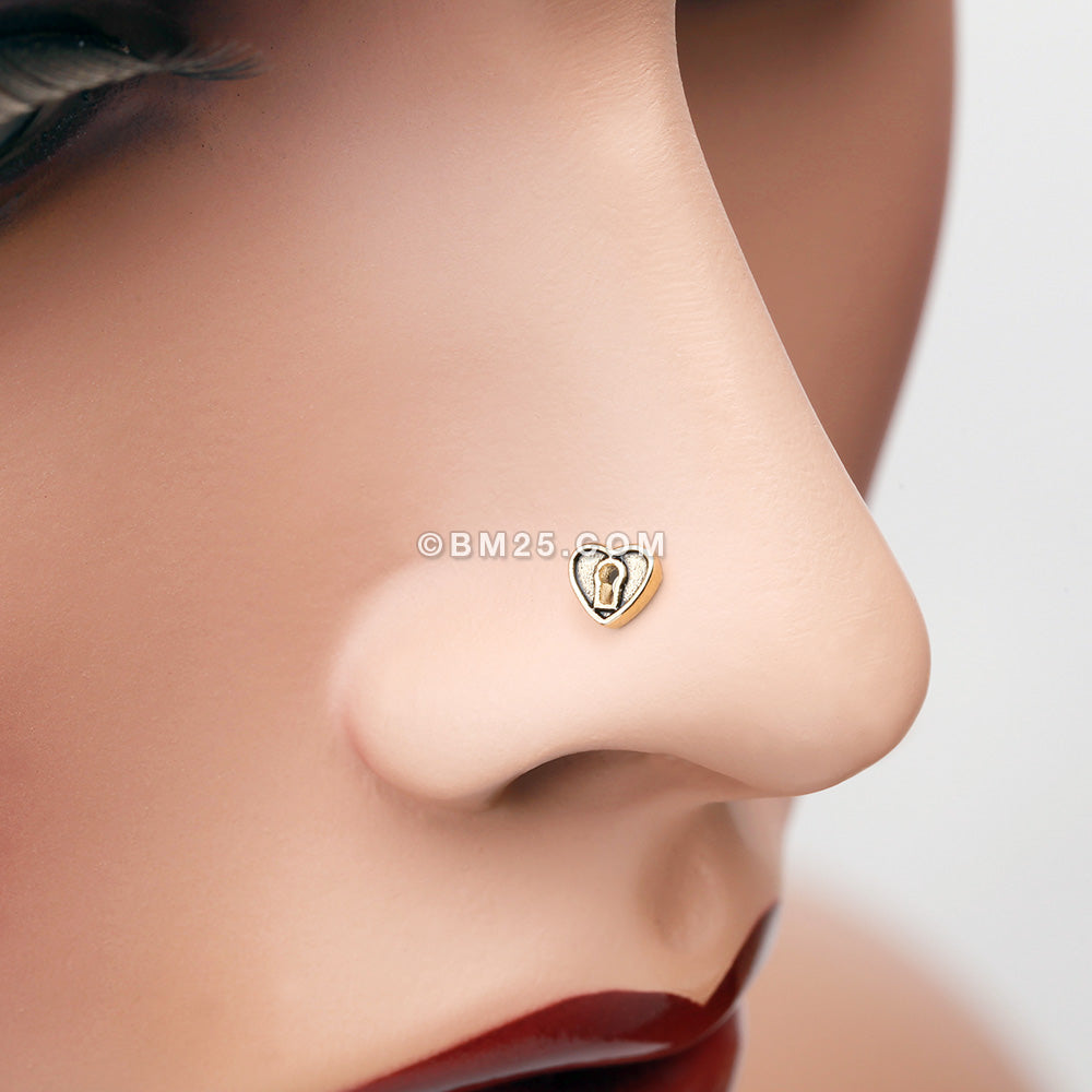 Detail View 1 of Golden Antique Heart Lock L-Shaped Nose Ring-Gold