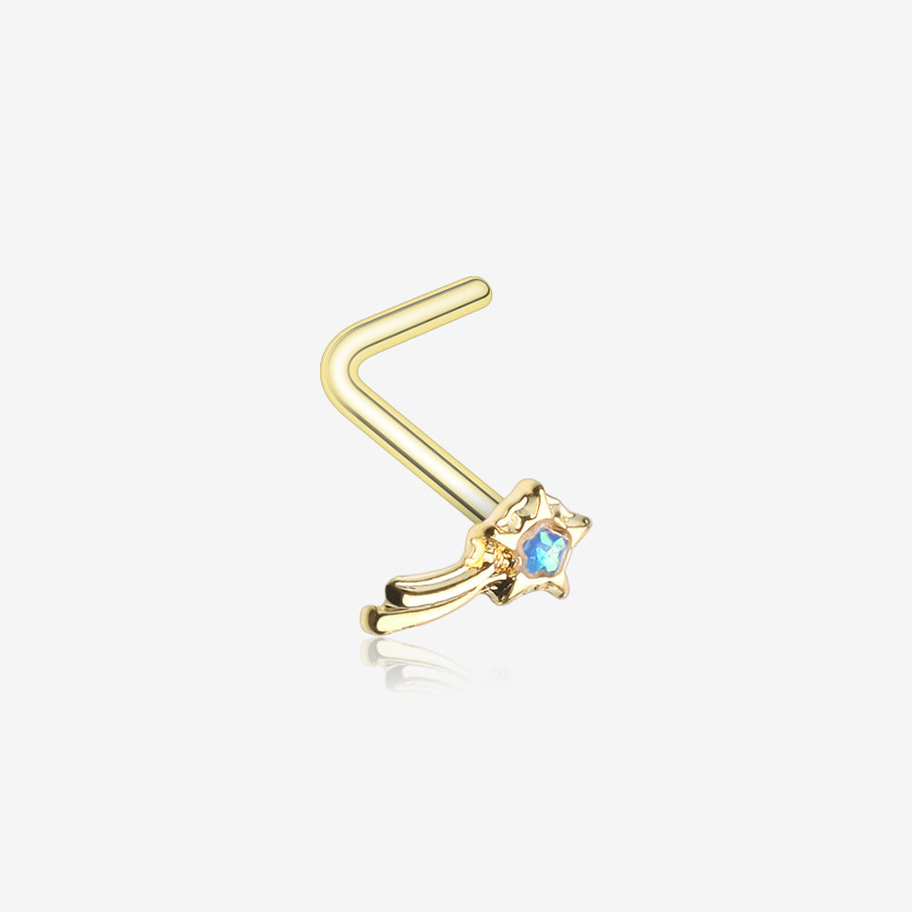 Golden Opalescent Wishing Star L-Shaped Nose Ring-Teal