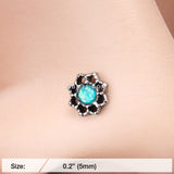 Detail View 2 of Lotus Opal Sparkle Filigree Icon L-Shaped Nose Ring-Teal
