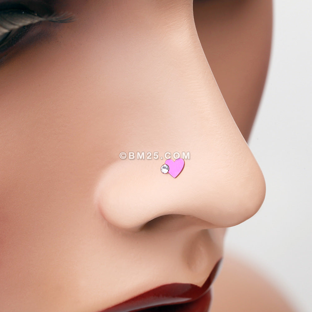 Detail View 1 of Colorline Adorable Heart Sparkle L-Shaped Nose Ring-Purple/Clear