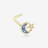 Golden Opal Sparkle Crescent Moon & Star L-Shaped Nose Ring-Blue