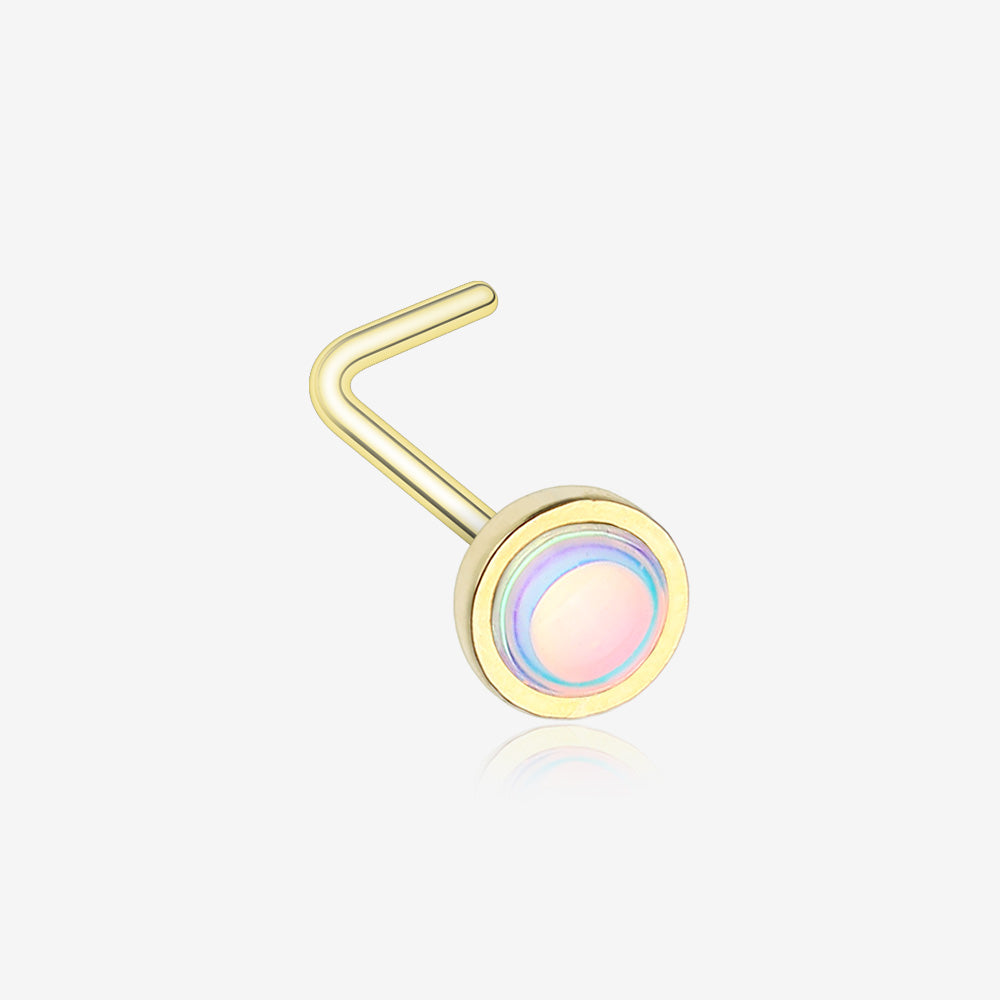 Golden Bezel Set Iridescent Revo Sparkle L-Shaped Nose Ring-Rainbow/Multi-Color