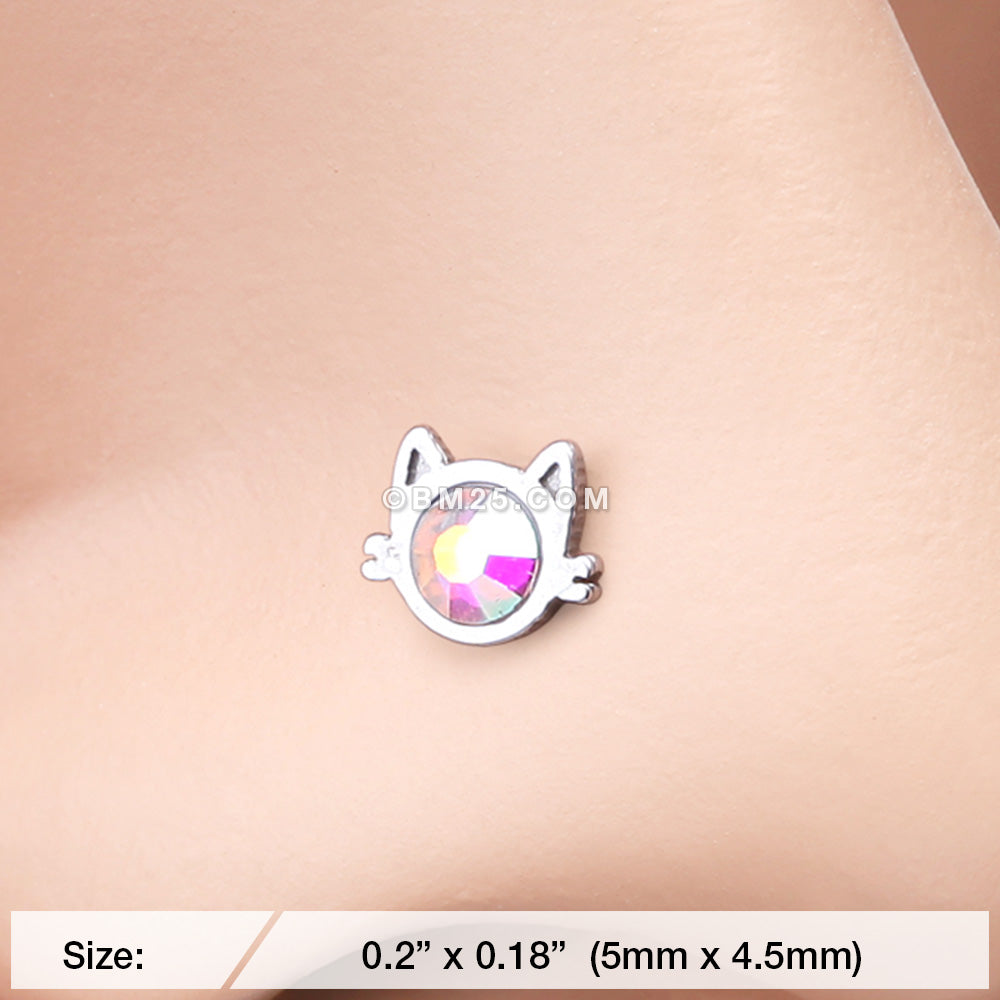 Detail View 2 of Adorable Cat Face Iridescent Sparkle L-Shaped Nose Ring-Aurora Borealis