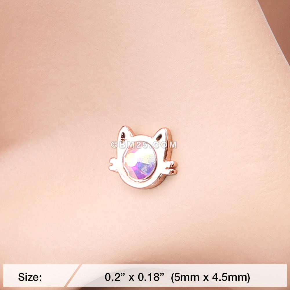 Detail View 2 of Rose Gold Adorable Cat Face Iridescent Sparkle L-Shaped Nose Ring-Aurora Borealis