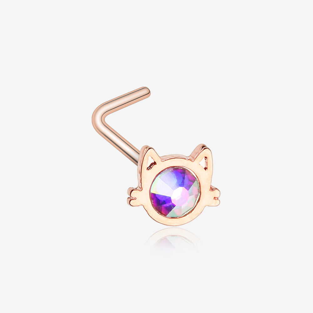 Rose Gold Adorable Cat Face Iridescent Sparkle L-Shaped Nose Ring-Aurora Borealis