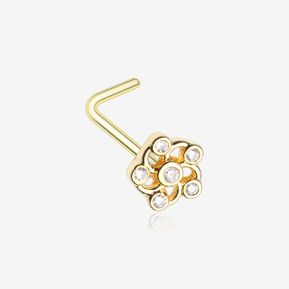 Golden Jasmine Flower Sparkle L-Shaped Nose Ring -Clear Gem