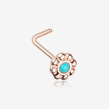 Rose Gold Bali Flower Turquoise L-Shaped Nose Ring