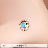 Detail View 2 of Rose Gold Bali Flower Turquoise L-Shaped Nose Ring-Turquoise