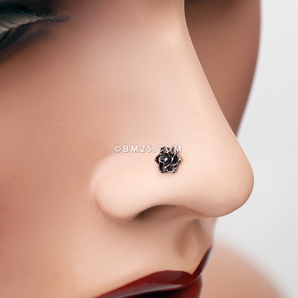 Detail View 1 of Camellia Flower Filigree Icon Nose Stud Ring-Steel