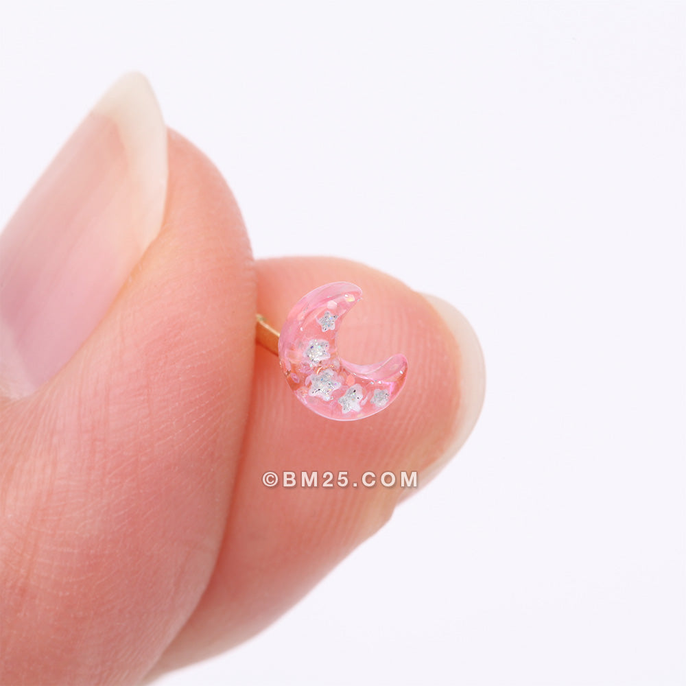 Detail View 2 of Golden Kawaii Pop Moon Glitter Sparkle Nose Stud Ring-Pink/White