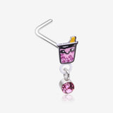 Cute Boba Tapioca Drink Sparkle Dangle L-Shaped Nose Ring-Pink
