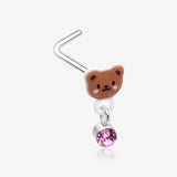 Adorable Teddy Bear Sparkle Dangle L-Shaped Nose Ring-Pink