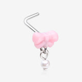 Kawaii Pop Fluffy Bow-Tie Pearlescent Dangle L-Shaped Nose Ring-Pink/White