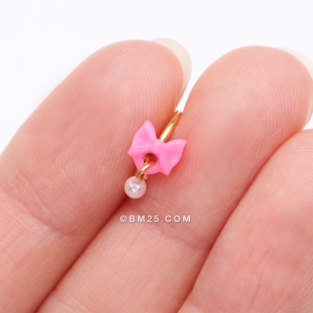 Detail View 2 of Golden Kawaii Pop Bow-Tie Pearl Dangle Bendable Hoop Ring-Pink/White