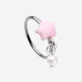 Kawaii Pop Fluffy Star Pearlescent Dangle Bendable Hoop Ring-Pink/White