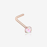 Rose Gold Opal Sparkle Prong Set L-Shaped Nose Ring-White