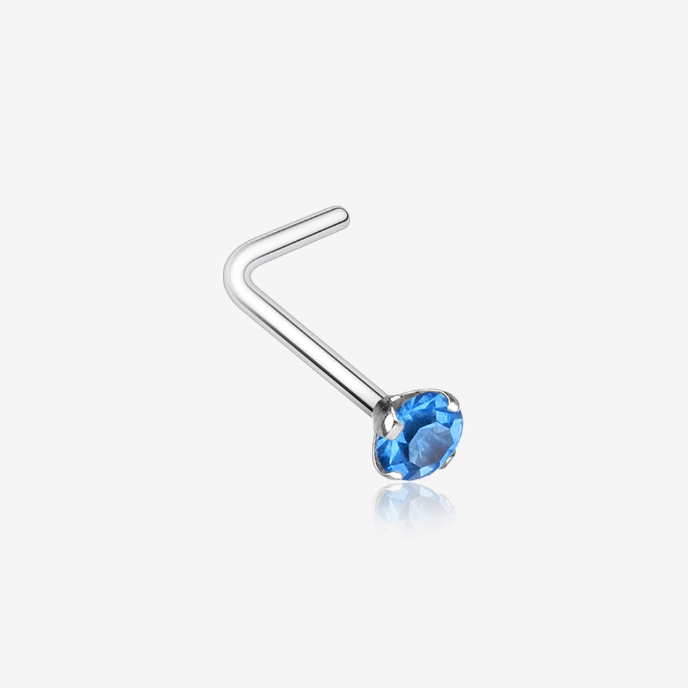 Prong Set Gem Top Steel L-Shaped Nose Ring-Blue