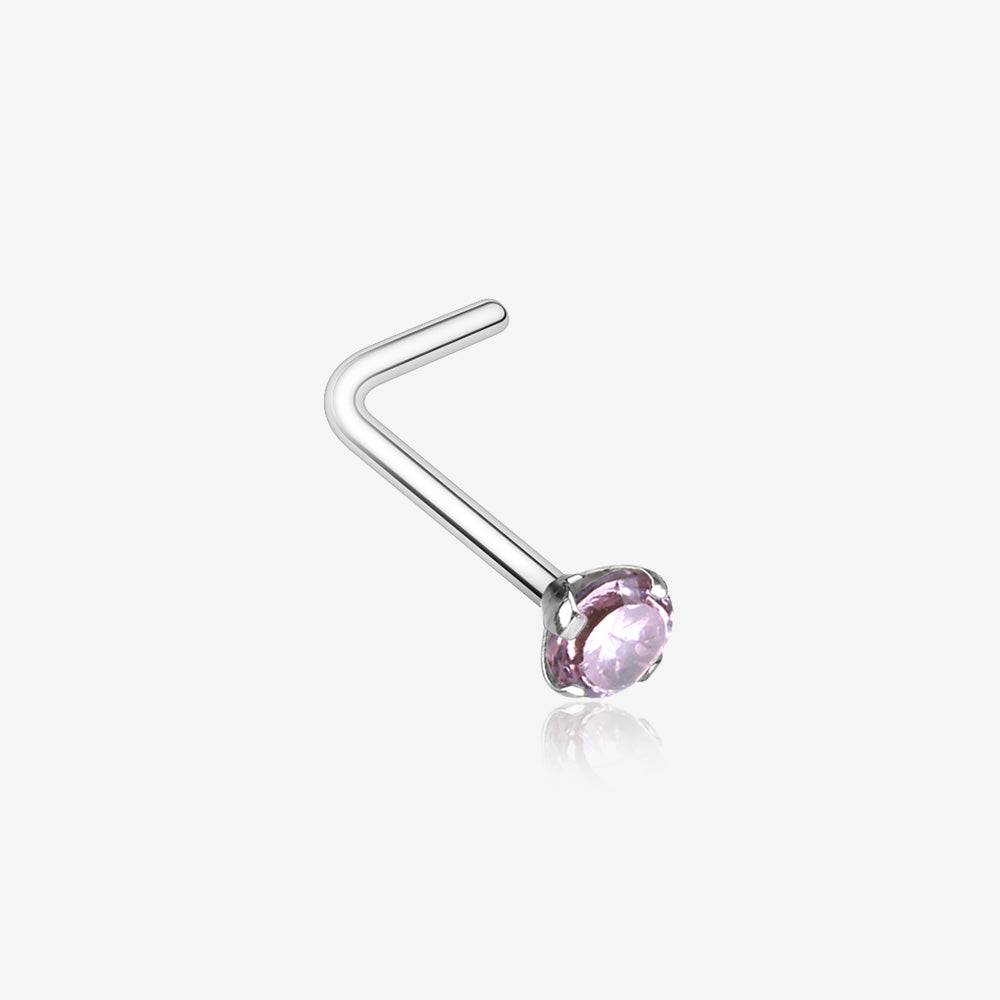 Prong Set Gem Top Steel L-Shaped Nose Ring-Light Pink