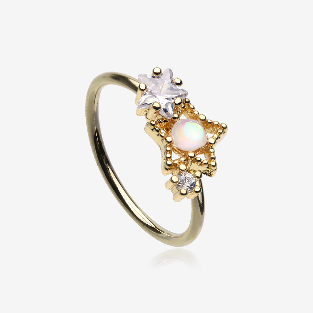 Golden Opalescent Star Sparkles Bendable Hoop Ring-Clear Gem/White